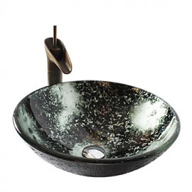 Retro Pattern Round Tempered Glass Vessel Sink with Retro Cup Tap ,Pop - Up Drain and Mounting Ring