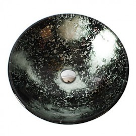 Retro Pattern Round Tempered Glass Vessel Sink with Retro Cup Tap ,Pop - Up Drain and Mounting Ring