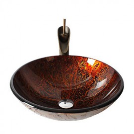 Retro Pattern Round Tempered Glass Vessel Sink with Retro Cup Tap ,Pop - Up Drain and Mounting Ring