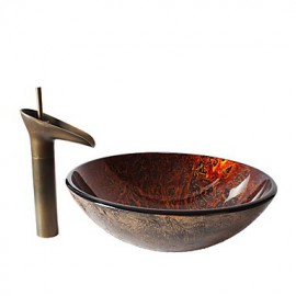 Retro Pattern Round Tempered Glass Vessel Sink with Retro Cup Tap ,Pop - Up Drain and Mounting Ring