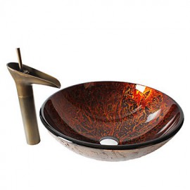 Retro Pattern Round Tempered Glass Vessel Sink with Retro Cup Tap ,Pop - Up Drain and Mounting Ring