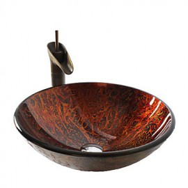 Retro Pattern Round Tempered Glass Vessel Sink with Retro Cup Tap ,Pop - Up Drain and Mounting Ring