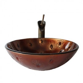 Retro Pattern Round Tempered Glass Vessel Sink with Retro Cup Tap ,Pop - Up Drain and Mounting Ring