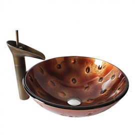 Retro Pattern Round Tempered Glass Vessel Sink with Retro Cup Tap ,Pop - Up Drain and Mounting Ring