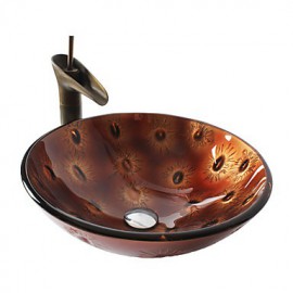 Retro Pattern Round Tempered Glass Vessel Sink with Retro Cup Tap ,Pop - Up Drain and Mounting Ring