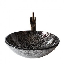 Retro Pattern Round Tempered Glass Vessel Sink with Retro Cup Tap ,Pop - Up Drain and Mounting Ring