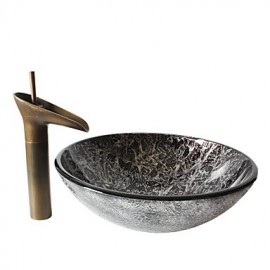 Retro Pattern Round Tempered Glass Vessel Sink with Retro Cup Tap ,Pop - Up Drain and Mounting Ring