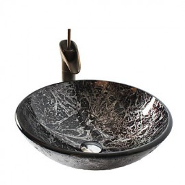Retro Pattern Round Tempered Glass Vessel Sink with Retro Cup Tap ,Pop - Up Drain and Mounting Ring