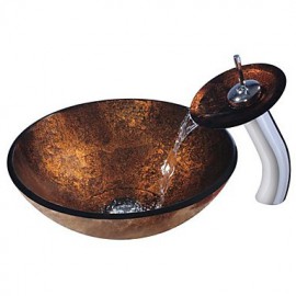 Copper RoundTempered Glass Vessel Sink with Waterfall Tap ,Pop - Up drain and Mounting Ring