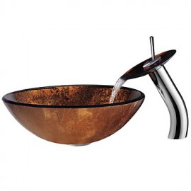 Copper RoundTempered Glass Vessel Sink with Waterfall Tap ,Pop - Up drain and Mounting Ring