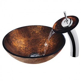 Copper RoundTempered Glass Vessel Sink with Waterfall Tap ,Pop - Up drain and Mounting Ring