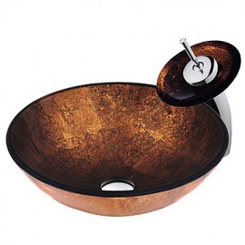Copper RoundTempered Glass Vessel Sink with Waterfall Tap ,Pop - Up drain and Mounting Ring