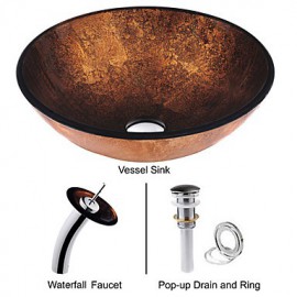 Copper RoundTempered Glass Vessel Sink with Waterfall Tap ,Pop - Up drain and Mounting Ring