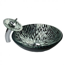 Stripe Pattern Tempered Glass Bathroom Sink Set (with Waterfall Tap, Mounting Ring and Water Drain)