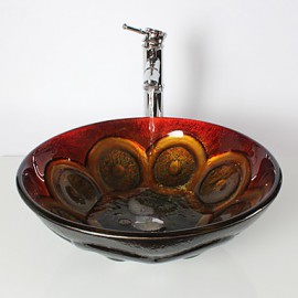 Multicolour Round Tempered Glass Vessel Sink with Bamboo Tap ,Pop - Up Drain and Mounting Ring
