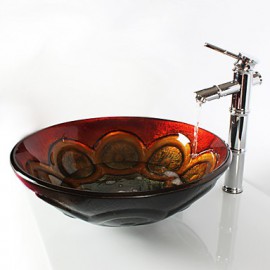 Multicolour Round Tempered Glass Vessel Sink with Bamboo Tap ,Pop - Up Drain and Mounting Ring
