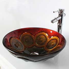 Multicolour Round Tempered Glass Vessel Sink with Bamboo Tap ,Pop - Up Drain and Mounting Ring