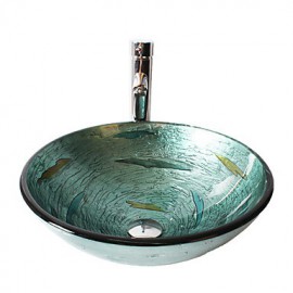 Multicolor Round Tempered Glass Vessel Sink with Straight Tube Tap ,Pop - Up Drain and Mounting Ring