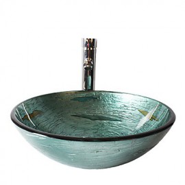 Multicolor Round Tempered Glass Vessel Sink with Straight Tube Tap ,Pop - Up Drain and Mounting Ring