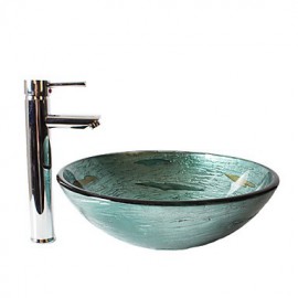 Multicolor Round Tempered Glass Vessel Sink with Straight Tube Tap ,Pop - Up Drain and Mounting Ring