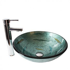 Multicolor Round Tempered Glass Vessel Sink with Straight Tube Tap ,Pop - Up Drain and Mounting Ring