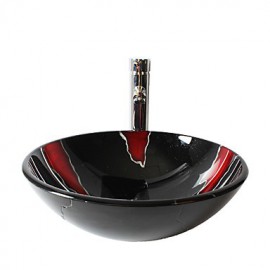 Multicolor Round Tempered Glass Vessel Sink with Straight Tube Tap ,Pop - Up Drain and Mounting Ring