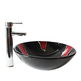 Multicolor Round Tempered Glass Vessel Sink with Straight Tube Tap ,Pop - Up Drain and Mounting Ring
