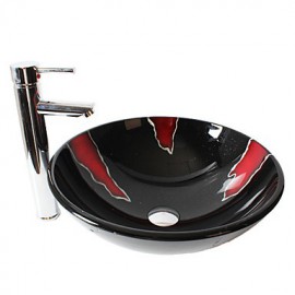 Multicolor Round Tempered Glass Vessel Sink with Straight Tube Tap ,Pop - Up Drain and Mounting Ring