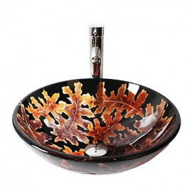 Multicolor Round Tempered Glass Vessel Sink with Straight Tube Tap ,Pop - Up Drain and Mounting Ring