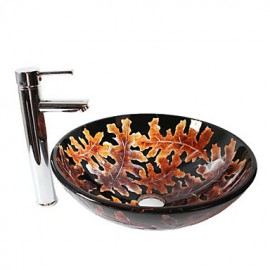 Multicolor Round Tempered Glass Vessel Sink with Straight Tube Tap ,Pop - Up Drain and Mounting Ring