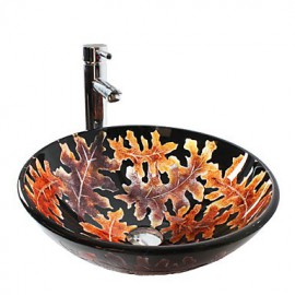 Multicolor Round Tempered Glass Vessel Sink with Straight Tube Tap ,Pop - Up Drain and Mounting Ring