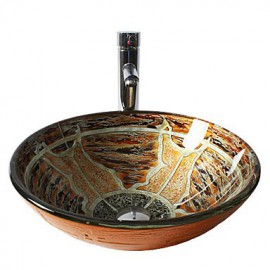 Multicolor Round Tempered Glass Vessel Sink with Straight Tube Tap ,Pop - Up Drain and Mounting Ring