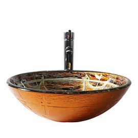 Multicolor Round Tempered Glass Vessel Sink with Straight Tube Tap ,Pop - Up Drain and Mounting Ring