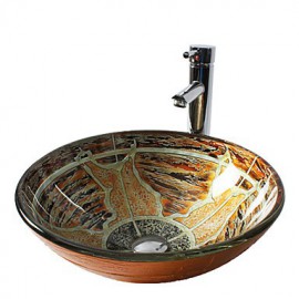 Multicolor Round Tempered Glass Vessel Sink with Straight Tube Tap ,Pop - Up Drain and Mounting Ring