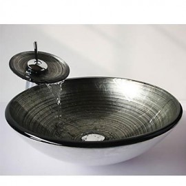 The Silver Spiral Round Tempered Glass Vessel Sink with Waterfall Tap ,Pop - Up Drain and Mounting Ring