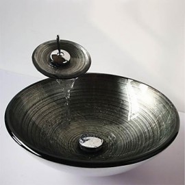 The Silver Spiral Round Tempered Glass Vessel Sink with Waterfall Tap ,Pop - Up Drain and Mounting Ring
