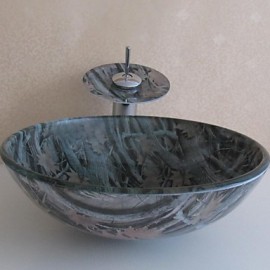 Bathroom Sink Set,Tempered glass Vessel Sink With Waterfall Tap,Mounting Ring and Water Drain