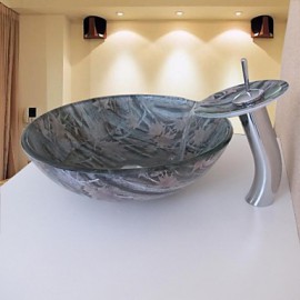 Bathroom Sink Set,Tempered glass Vessel Sink With Waterfall Tap,Mounting Ring and Water Drain