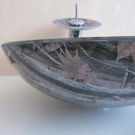 Bathroom Sink Set,Tempered glass Vessel Sink With Waterfall Tap,Mounting Ring and Water Drain