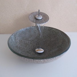 Bathroom Sink Set,Tempered glass Vessel Sink With Waterfall Tap,Mounting Ring and Water Drain