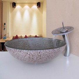 Bathroom Sink Set,Tempered glass Vessel Sink With Waterfall Tap,Mounting Ring and Water Drain