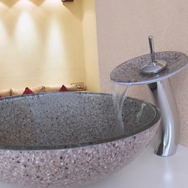 Bathroom Sink Set,Tempered glass Vessel Sink With Waterfall Tap,Mounting Ring and Water Drain