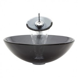 Gray Round Tempered Glass Vessel Sink with Waterfall Tap ,Pop - Up Drain and Mounting Ring