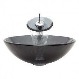 Gray Round Tempered Glass Vessel Sink with Waterfall Tap ,Pop - Up Drain and Mounting Ring