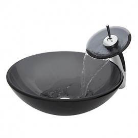 Gray Round Tempered Glass Vessel Sink with Waterfall Tap ,Pop - Up Drain and Mounting Ring