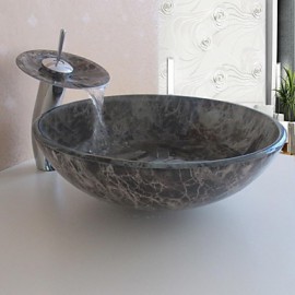Bathroom Sink Set,Tempered glass Vessel Sink With Waterfall Tap,Mounting Ring and Water Drain