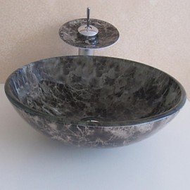 Bathroom Sink Set,Tempered glass Vessel Sink With Waterfall Tap,Mounting Ring and Water Drain