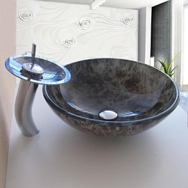Bathroom Sink Set,Tempered glass Vessel Sink With Waterfall Tap,Mounting Ring and Water Drain