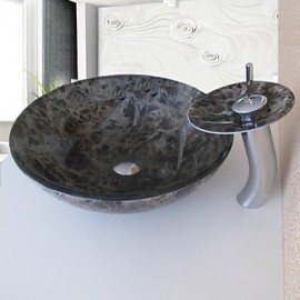 Bathroom Sink Set,Tempered glass Vessel Sink With Waterfall Tap,Mounting Ring and Water Drain
