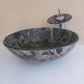 Bathroom Sink Set,Tempered glass Vessel Sink With Waterfall Tap,Mounting Ring and Water Drain